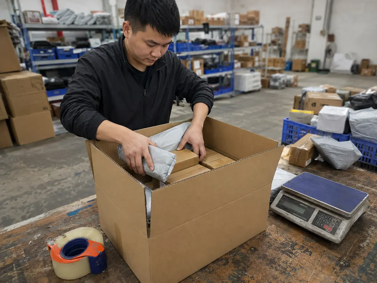 Warehouse staff prepare eligible parcels for consolidation and international shipping.