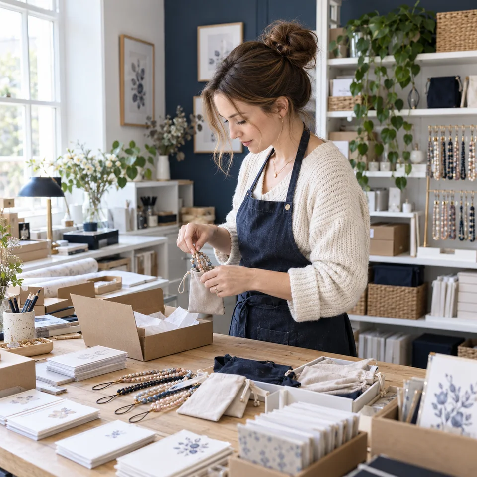 An independent shop owner packs phone straps and small accessories in her studio.