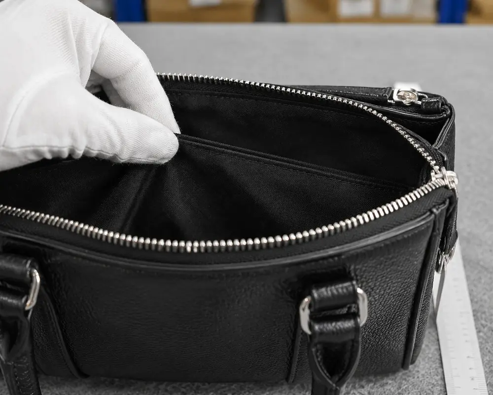 A close-up example showing the zip and stitching of a bag.