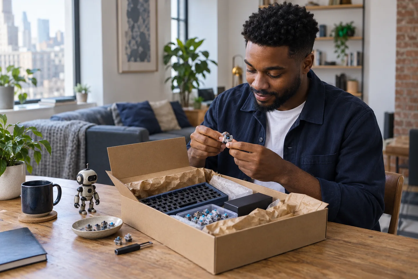 A buyer unpacks keyboard components and a small collectible at home.