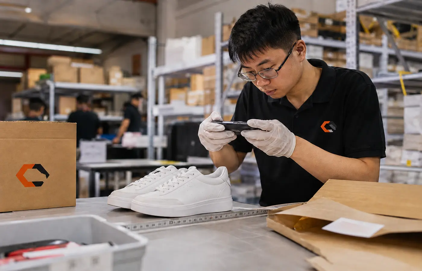 A warehouse team member photographs a sneaker for a visual quality check.
